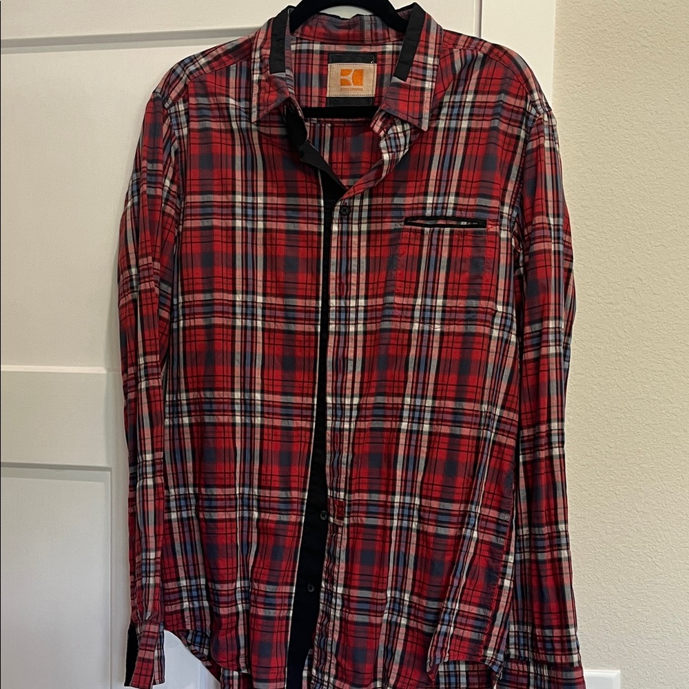 Hugo Boss “Orange” Red, Blue, Tan, Black Plaid Casual Button Down Shirt, Large